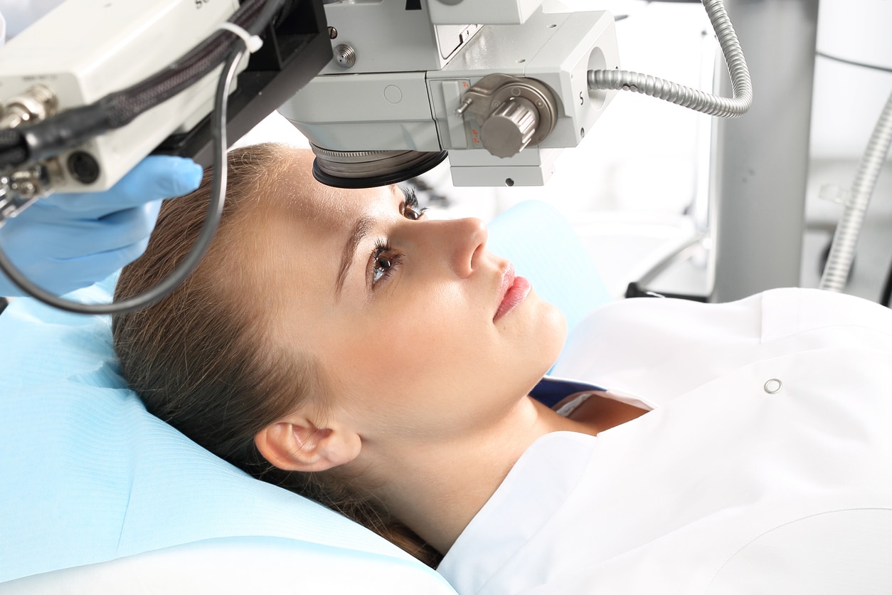 Young woman undergoing femtosecond laser cataract surgery in Westborough, MA.