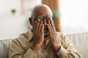 Glaucoma.,Senior,African,American,Man,Rubbing,Tired,Eyes,Wearing,Eyeglasses