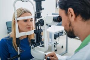 Woman having a routine eye exam to ensure she isn't suffering from the early stages of glaucoma