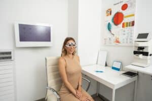 Woman sitting in an eye examination room with a piece of vision equipment on her head